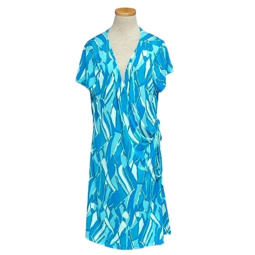 Attention Dress Womens XL X Large Blue Geometric Wrap Short Sleeve Midi